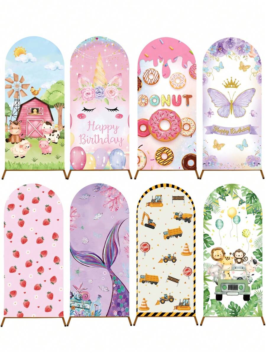 1Pc Polyester Background Cover (Stand Not Included),Mermaid Tail/Strawberry/Unicorn/Farm Animals/Engineering Vehicle/Purple Butterfly/Jungle Animals PatternArch Cloth Cover,Backdrop,Party Background Decoration, Background Cloth,Can Be Combined With Balloons For Decoration, Birthday Party Decor, Holiday Party Decor, Wedding Party Background Decor, Babe Shower Decor, Home Decor