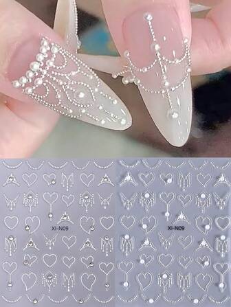 3D 心形链水钻和珍珠指甲贴纸 1/2 件白色优雅蕾丝项链皇冠法式条纹线宝石珠宝设计 DIY 情人节时尚自粘凝胶抛光贴花滑块美甲装饰