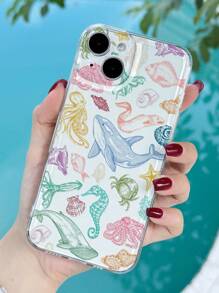 1pc Minimalist Handpainted Ocean Elements Starfish Octopus Pattern Transparent Slip-Resistant Soft Phone Case For IPhones 11/12/13/14/15/16 Pro Max - Multicolor - View 1