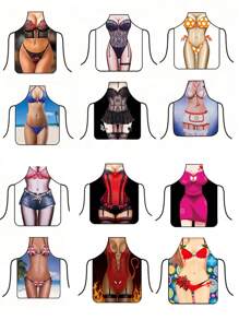 1件印花系带围裙，创意围裙，性感女士围裙，个性化围裙，防水无袖圆领围兜围裙，女士性感围裙，趣味厨房围裙，适合乔迁派对、圣诞节礼物交换 - 多色 - 查看 5