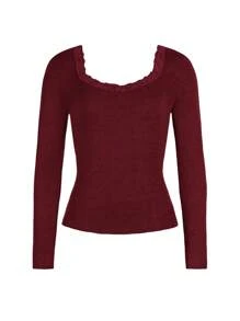 Damen T-Shirt Y2K Herbst Damen Schulanfang Kleidung Sexy Lässig einfarbig Spitze Spitze Quadratischer Ausschnitt Gestrickter Langarm-Oberteil
