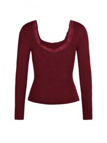 Damen T-Shirt Y2K Herbst Damen Schulanfang Kleidung Sexy Lässig einfarbig Spitze Spitze Quadratischer Ausschnitt Gestrickter Langarm-Oberteil