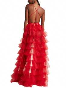 Women Tulle Skirt, Solid Color Mesh Tied-Up Irregular Floor-Length Party Skirt For Wedding Guest, Dinner, Cocktail Party - Đỏ - Xem 4