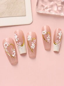 FULL BEAUTY 2 件装粉色白色花束金线指甲贴纸 5D 浮雕优雅花朵盛开粘性滑块婚礼设计饰品装饰指甲贴花 DIY 指甲用品 - 彩色 - 查看 2