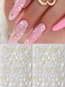FULL BEAUTY 2 件装粉色白色花束金线指甲贴纸 5D 浮雕优雅花朵盛开粘性滑块婚礼设计饰品装饰指甲贴花 DIY 指甲用品 - 彩色 - 查看 3