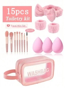 15/1 Set Makeup Brushes - Contour Brush, Powder Puff, Headband, Cosmetic Bag, Waterproof Wash Bag, Eyeliner Brush, Foundation Brush, Powder Brush, Concealer Brush, Nose Shadow Brush, Eyeshadow Brush, Blush Brush, Highlighter Brush, Makeup Sponge, Makeup Puff, Makeup Sponge, Velvet Triangular Puff, Water Drop Puff, Quick-Drying Puff, Wristband, Shower Headband