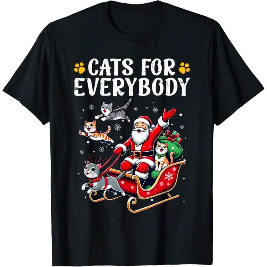 Cats For Everybody Christmas Cat Funny Xmas Men Women Santa T-Shirt - 黑色 - 查看 1