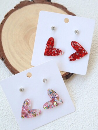 1 Set de 2 Pares: 1 Par de Aretes de Corazón de Acrílico + 1 Par de Aretes de Strass, Aretes de Regalo Minimalistas y Elegantes Personalizados para el Día de San Valentín