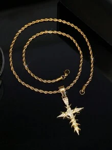 LIGHTSOME 1pc Iced Out Rhinestone Thorn Cross Pendant With Stainless Steel Twist Chain For Men Hip Hop Street Cross Pendant With Rope Chain Jewelry Gift For Couple