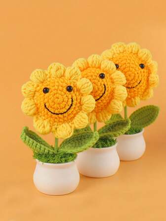 1 件，手工制作的微笑向日葵盆，彩色向日葵盆，可爱的向日葵装饰，节日针织仿真花礼物，适合情人节礼物、汽车装饰、书桌、书房小摆设、周年纪念、生日、卧室、装饰礼物。圣诞节、圣诞装饰、圣诞装饰家居、圣诞礼物。