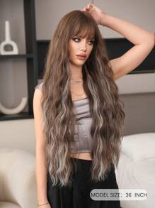 NICKY WALL 36 Inch Extra Long Brown Wavy Wig For Fashion Women Curly Wig With Bangs Highlight White Hair High Quality Heat Resistant Fiber Natural Synthetic Fluffy Wig For Girls Daily Party Cosplay Use
