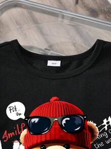 青少年男孩字母与卡通熊印花短袖休闲 T 恤