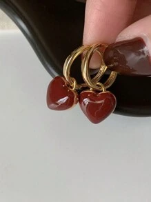1对时尚优雅清新水滴釉酒红色爱心耳环，高级感优雅简约耳环，送礼的理想之选 - 均碼 - 查看 1