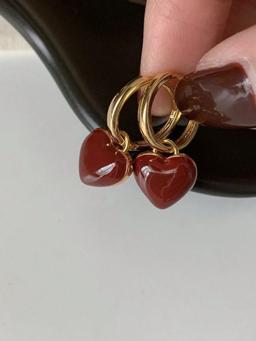 1对时尚优雅清新水滴釉酒红色爱心耳环，高级感优雅简约耳环，送礼的理想之选 - 均碼 - 查看 1