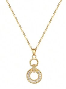 1pc Stainless Steel Chain Necklace And Earrings Set, Luxury Rhinestone Interlock Pendant And Earring Jewelry Gift - Gold - View 4