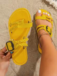 女士全新手工编织防滑平底凉鞋、一脚蹬沙滩拖鞋、度假休闲时尚装 - 黃色 - 查看 1