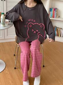 Set de 2 piezas de pijama de manga larga, de corte holgado, para primavera/otoño, de estilo Ins, para usar en casa y vacaciones