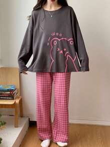 Set de 2 piezas de pijama de manga larga, de corte holgado, para primavera/otoño, de estilo Ins, para usar en casa y vacaciones