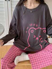 Set de 2 piezas de pijama de manga larga, de corte holgado, para primavera/otoño, de estilo Ins, para usar en casa y vacaciones