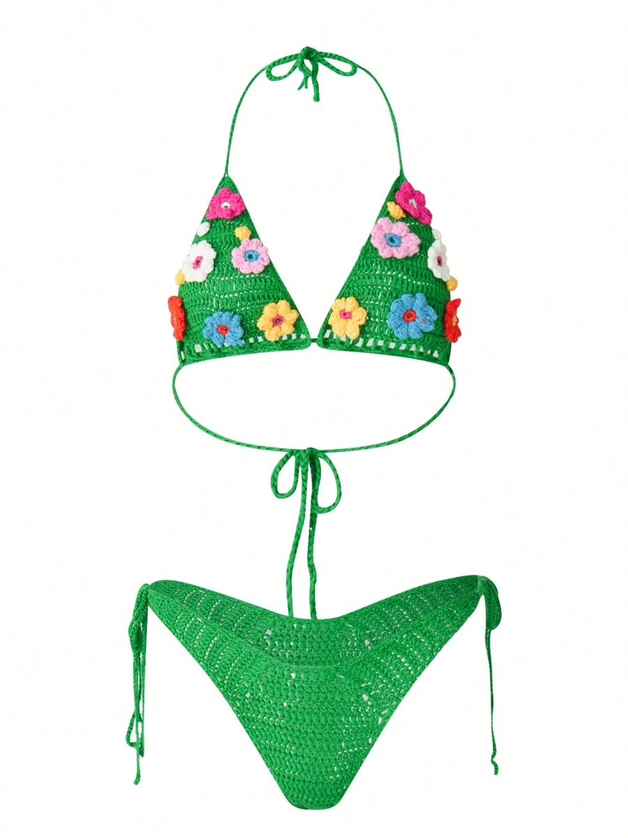 Women Knitted Two Piece Bikini Swimsuit Sexy Bathing Suits Crochet Flower Halter Triangle Tops String Bikini Sets Beachwear - Green - View 1