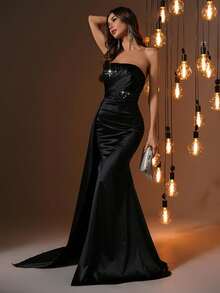 黑色鱼骨款过膝优雅露肩闪光正式晚礼服女士舞会婚礼宾客礼服、毕业典礼、晚宴长裙 - 黑色 - 查看 3
