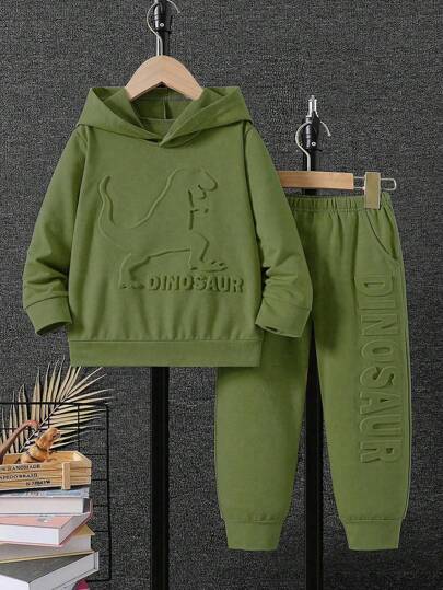 2 Stücke/Set Kinder Lässig Dinosaurier 3D Muster Kapuzen-Sweatshirt und Hosen Set, Frühling Herbst