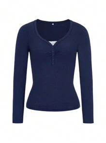 Women's T-Shirt Y2K Fall Clothes Casual Daily Sexy Solid Color Lace Contrasting Color Slim Long Sleeve V-Neck Top