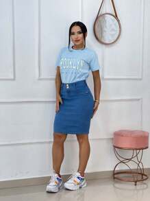 Saia jeans cintura alta