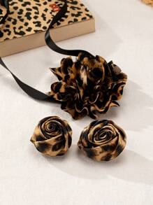 Set de 3 piezas de elegantes y encantadores pendientes, collar y joyería con estampado de leopardo y flores de rosa, adecuado para fiestas, banquetes, citas, regalo del Día de San Valentín para mujeres