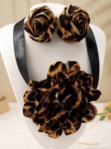 Set de 3 piezas de elegantes y encantadores pendientes, collar y joyería con estampado de leopardo y flores de rosa, adecuado para fiestas, banquetes, citas, regalo del Día de San Valentín para mujeres