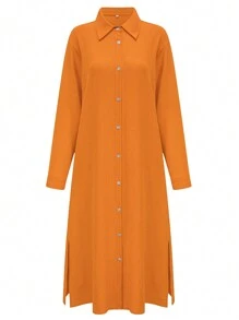 1 pieza Vestido camisero de mujer de manga larga, unicolor, de solapa única, casual y elegante