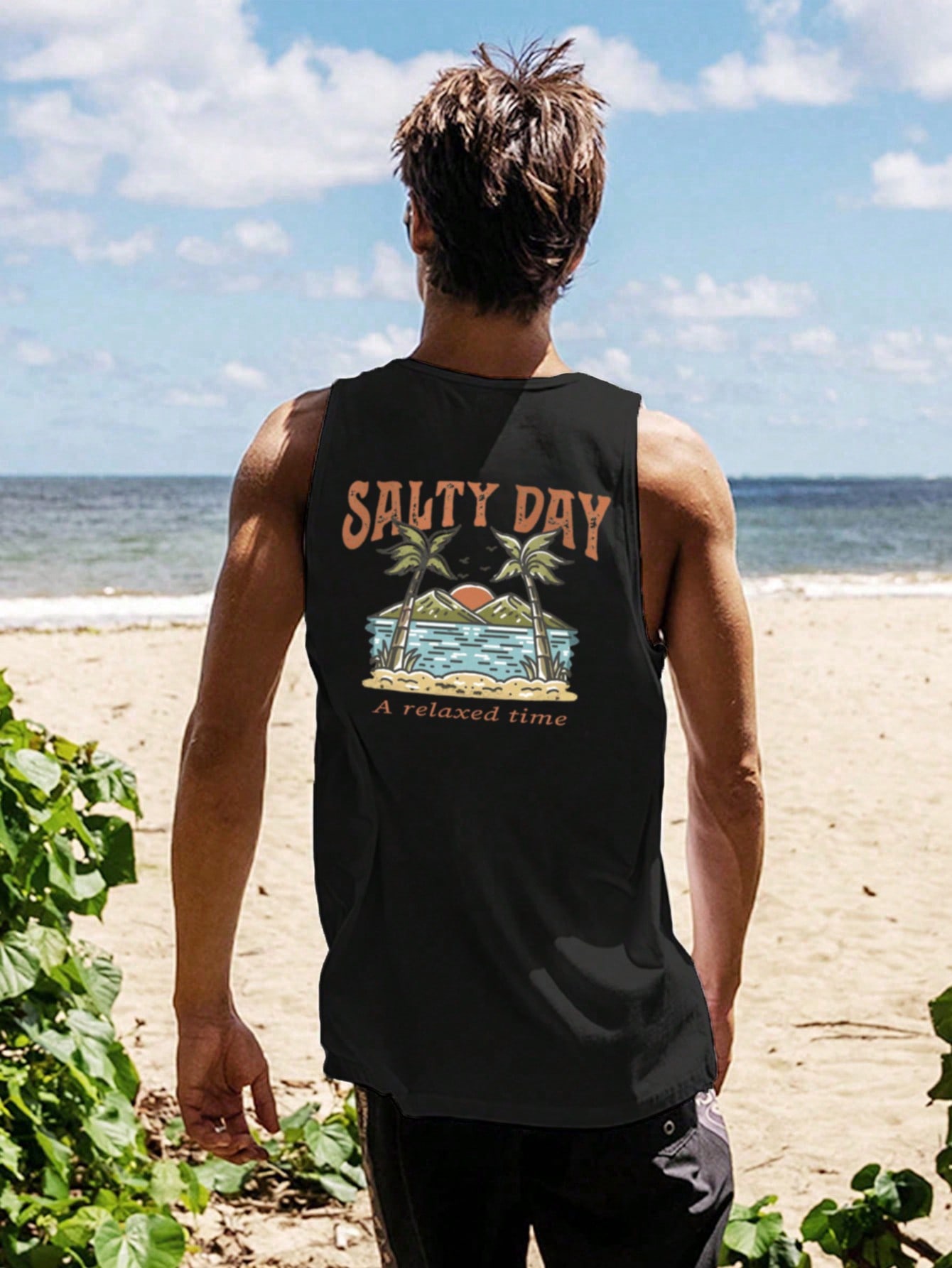 Men's Vacation Palm Tree Letter Print Round Neck Casual Vest