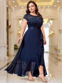 Plus Sequin Floral Lace Chiffon Ruffle Split Thigh Formal Party Long Dress Elegant Prom Evening Wedding Guest Gown, For Graduation, Dinner