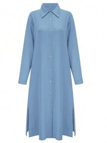 Women's Solid Color Long Sleeve Single-Breasted Casual Elegant Shirt Dress