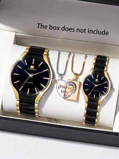 4 piezas Reloj de pareja casual y versátil con esfera redonda, reloj de cuarzo con correa de acero simple, combinado con un conjunto de collar con colgante de corazón. Conjunto de pareja adecuado para bodas, fiestas, festivales, vuelta al cole, Navidad y uso diario. Es el mejor conjunto de regalo para parejas.