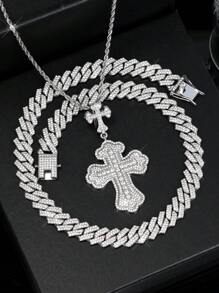 LIGHTSOME 3pcs Set Punk Rhinestone Cross Pendant With Cuban Chain Link Charm Hip Hop Iced Jewelry Links Set For Men And Women New Style Cross Pendant With Rope Chain Gift For Friend - Cross Pendant - View 8