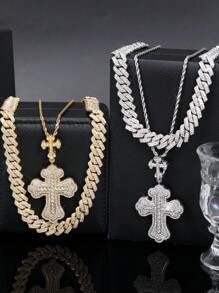 LIGHTSOME 3pcs Set Punk Rhinestone Cross Pendant With Cuban Chain Link Charm Hip Hop Iced Jewelry Links Set For Men And Women New Style Cross Pendant With Rope Chain Gift For Friend - Cross Pendant - View 1