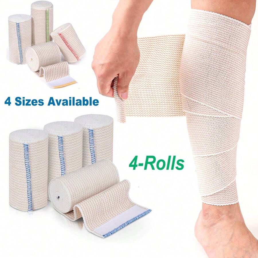 4 卷弹性绷带，两端自闭合，压缩绷带，适用于腿部、膝盖、脚踝、手腕、肘部、肩膀、运动可拉伸绷带 - 米色 - 查看 1