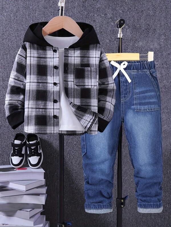 2pcs/Set Young Boy Plaid Hooded Shirt And Cool Street Style Big Pocket Denim Pants, Spring/Summer