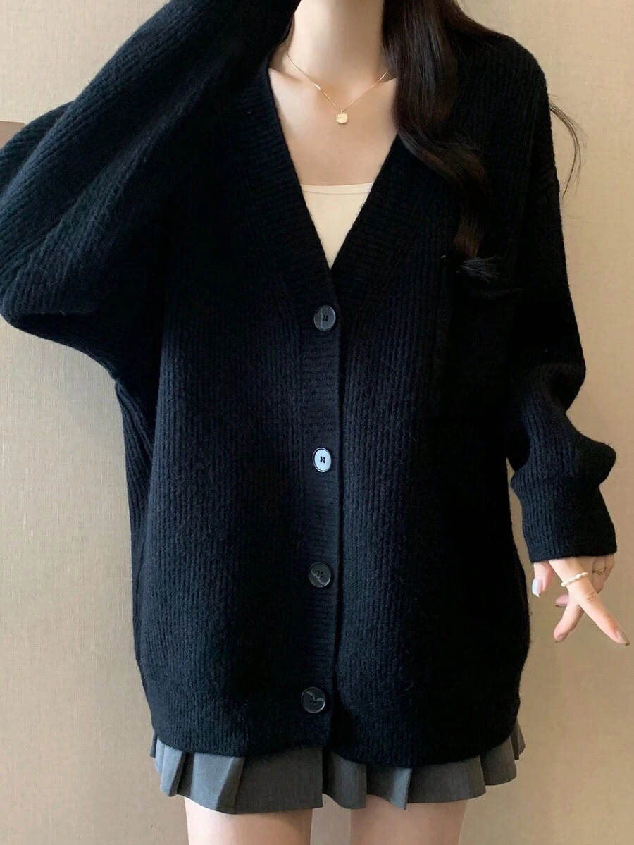 Knitted Cardigan Women Top, Loose Fit Casual Sweater Coat, Autumn/Winter - Black - View 1