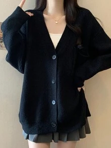 Knitted Cardigan Women Top, Loose Fit Casual Sweater Coat, Autumn/Winter - Black - View 3