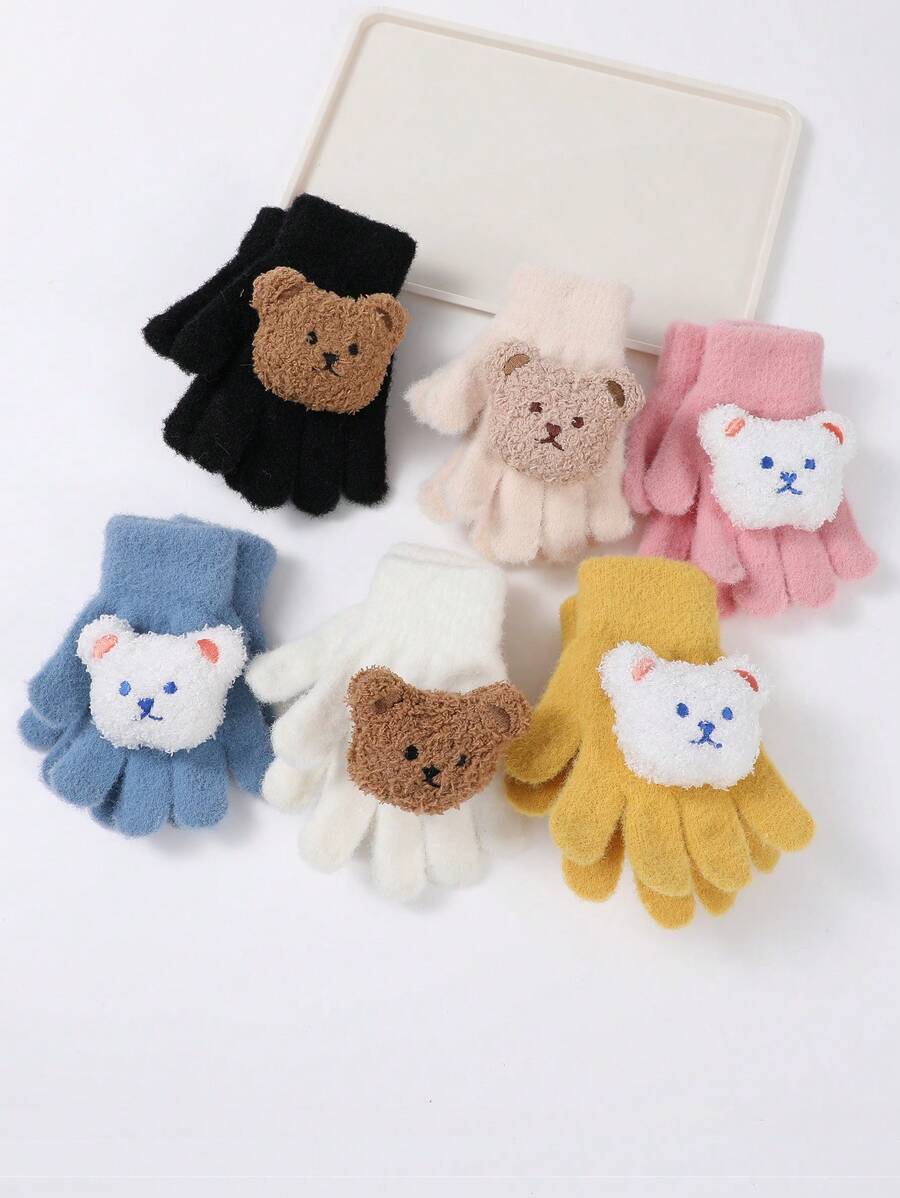 1入組冬季嬰兒男女全指毛絨手套,厚實保暖的五指手套,帶有3d熊頭