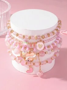 Conjunto de 5 pulseiras de contas de vidro rosa vintage boêmias com pingente de coração de strass, conjunto de joias com pingente de borla e letra de amor brilhante e personalizada, presente perfeito para amigos e mães no Dia dos Namorados ou Dia das Mães, adequado para uso diário e festas de Dia dos Namorados