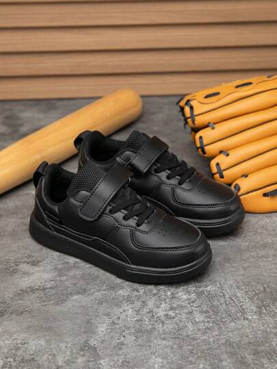 1 Pair Kids Sports Sneakers, Black Casual Low-Top Skateboarding Shoes With Hook And Loop Strap, Easy On/Off, Non-Slip, Breathable, Outdoor Wear, PU Leather Upper, Suitable For Spring & Autumn