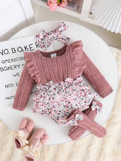 春夏女婴可爱短袖连体衣+花朵发带+蝴蝶结袜子三件套