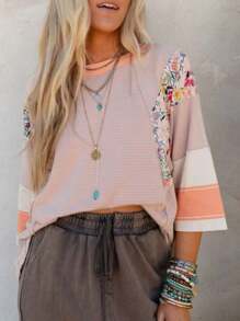 Women's Spring Autumn Loose Tops 3/4 Sleeve Round Neck Floral Print Striped T-Shirt - Pale Pinkish Gray - View 3