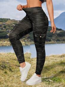 Summer Workout Women's Outdoor Camo Print Skinny Leggings With Pockets, Casual Sports Gray Tights For Daily Wear - Grey - View 3