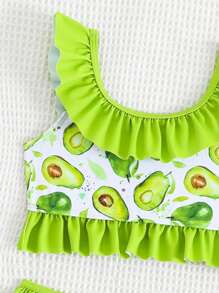 2pcs Young Girl Cute Avocado Print Ruffle Two-Piece Swimwear