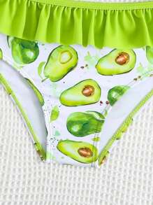 2pcs Young Girl Cute Avocado Print Ruffle Two-Piece Swimwear