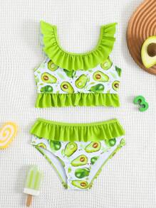 2pcs Young Girl Cute Avocado Print Ruffle Two-Piece Swimwear